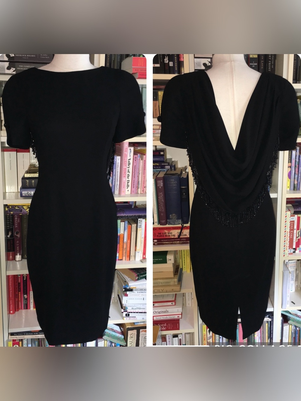Cache Draped Low Scoop Back Black Beaded Dress